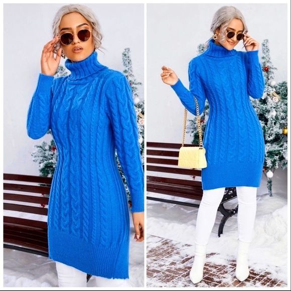 NWT! BLUE TURTLENECK CABLE KNIT SPLIT HEM SWEATER! - Picture 9 of 16